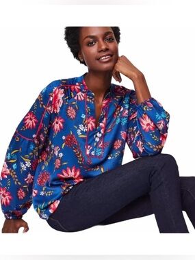 LOFT Wildflower Blue Satin Long Sleeve Blouse
